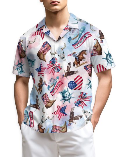 Discover 4th of July Hawaiian Shirt for Men with American Flag Cowboy Pattern | Patriotic Western Summer Wear