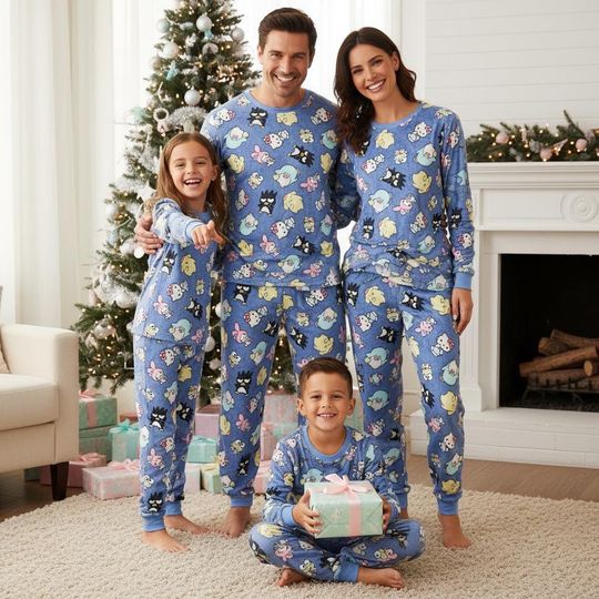 Discover Cartoon Animal Family Pajamas Set, Cute Long Sleeve PJs, Blue Animal Christmas Pajamas, Matching Pyjama Set, Cute Xmas Gift