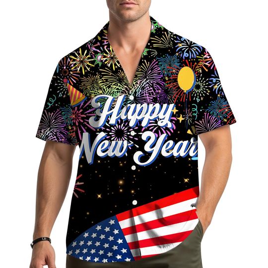 Happy New Year Hawaiian Shirt Men Women Youth Fireworks USA Flag Print Colorful Party Button Down