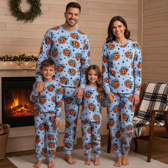 Halloween Family Pajamas Set, Pumpkin Long Sleeve PJs, Blue Halloween Christmas Pajamas, Matching Pyjama Set, Xmas Gift For Family