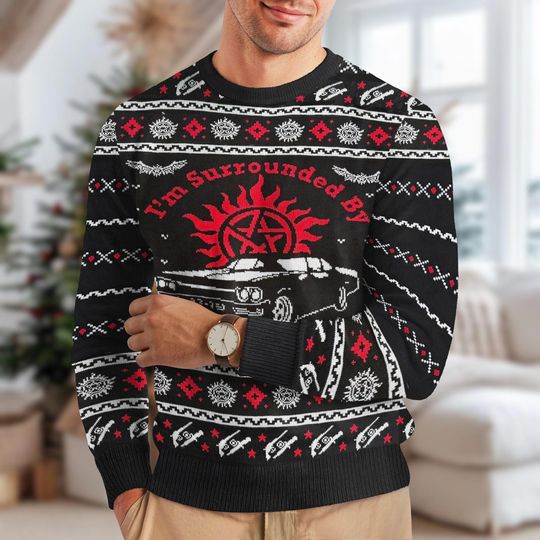 Discover Christmas Supernatl Ugly Sweater, Idjits Quote Xmas Sweater, Winchester Car Knit Sweater, Xmas Holiday Gift