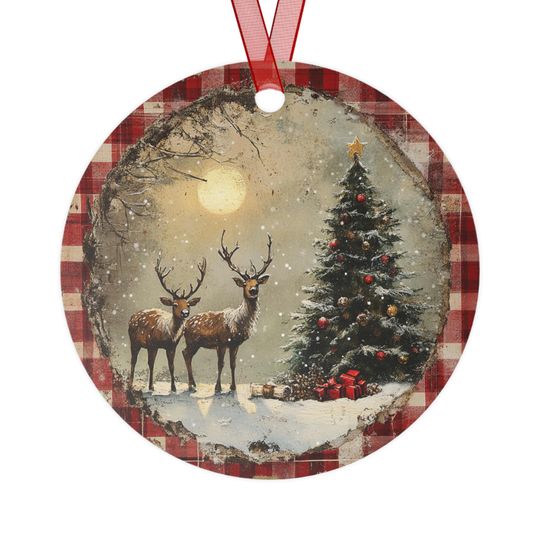 Discover Vintage Reindeer Christmas Ornament, Rustic Holiday Tree Decor, Retro Plaid Christmas Gift