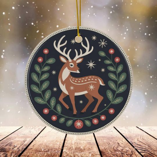 Discover Deer Ornament, Scandinavian Folk Art Ceramic Ornament with Buck Deer, Classic Christmas Winter Scene, Winter Decoration for Christmas Tree
