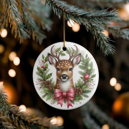 Discover Fawn in Wreath Ceramic Ornament | Deer Christmas Tree Decoration