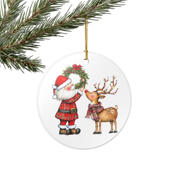 Discover Santa & Reindeer Christmas Ornament: Festive Ceramic Holiday Tree Decor