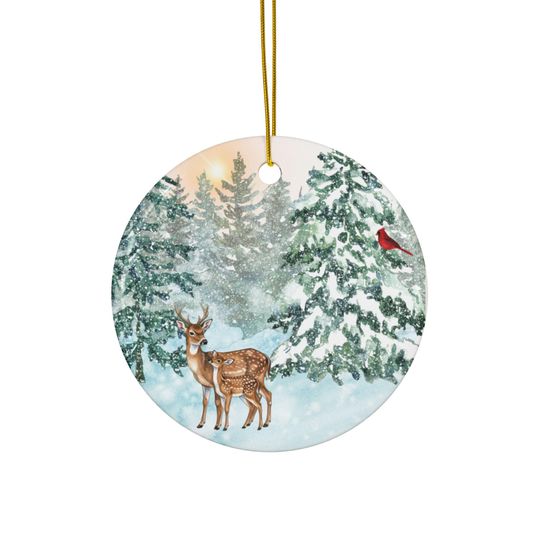 Winter Wonderland Deer and Red Bird Ceramic Ornament for Holiday Decor