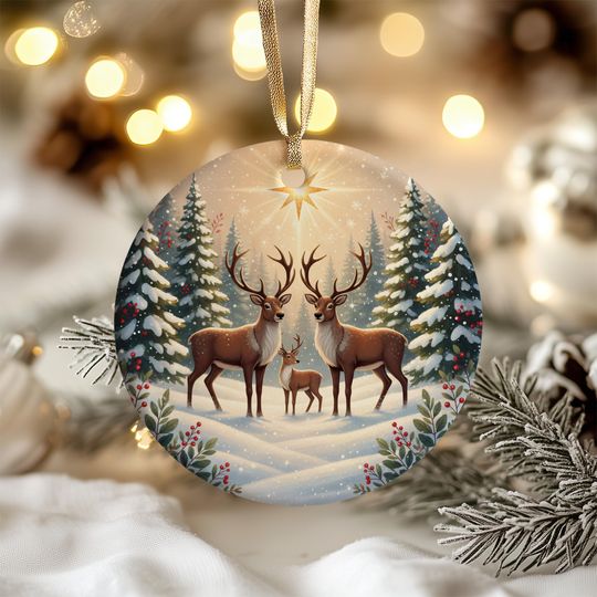 Discover Reindeer Family Christmas Ornament, Woodland Winter Scene