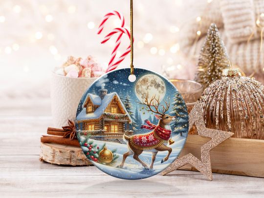 Discover Christmas Reindeer Ornament Winter Cabin Scene Snowy Night Ornament Holiday Decoration  Festive Decor Tree Ornament