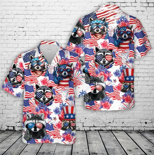 Discover Tropical Raccoon US Flag, 4th Of July Hawaiian Shirt