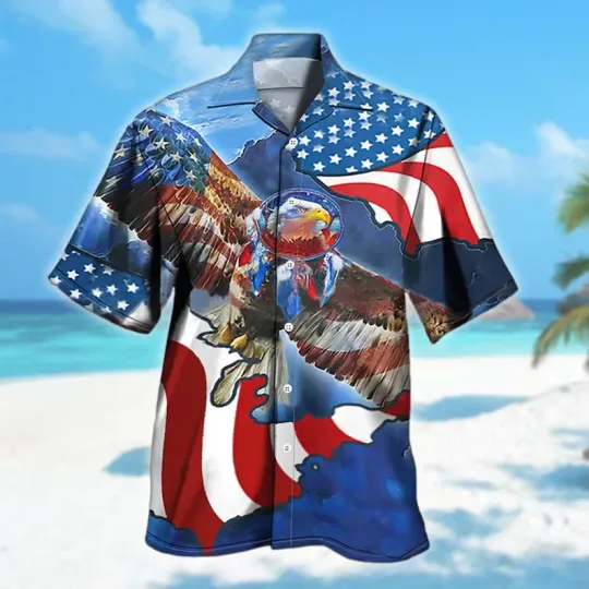 USA Flag Eagle Independence Day Short Sleeve Button-Up Shirt