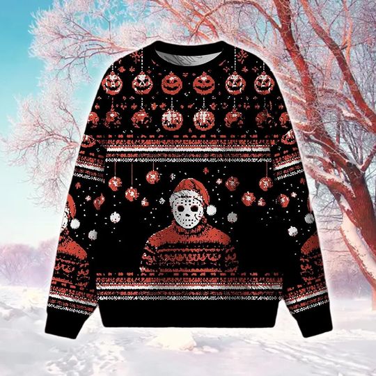 Discover Holiday Horror Mask Crewneck Sweater 2025: Ugly Christmas Knit Style Apparel