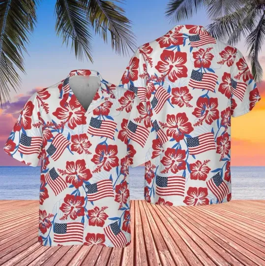 Discover 4th of July USA Flag Short-Sleeve Button Down Hawaiian Shirt
