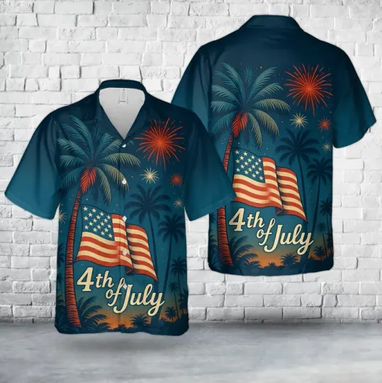 Discover Patriotic 4th of July Tropical Palm Tree And Firework Hawaiian Shirt
