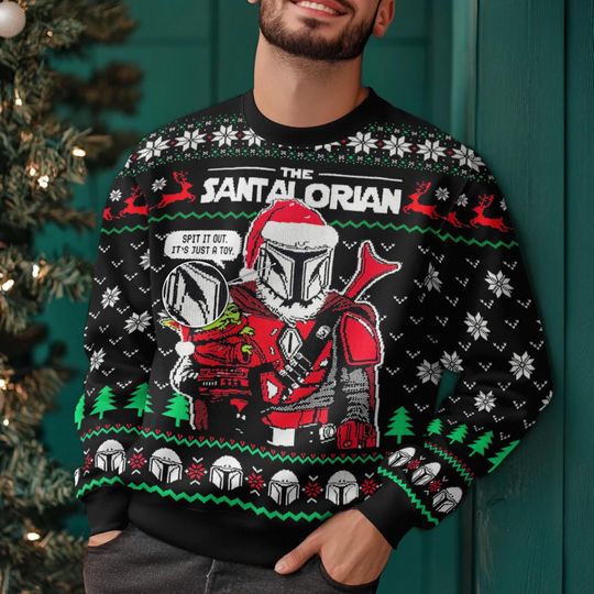Discover Christmas Mandalorian Ugly Sweater, The Santalorian Xmas Sweater, Star Wars Knit Sweater, Disney Outfit, Xmas Gift For Disney Fans