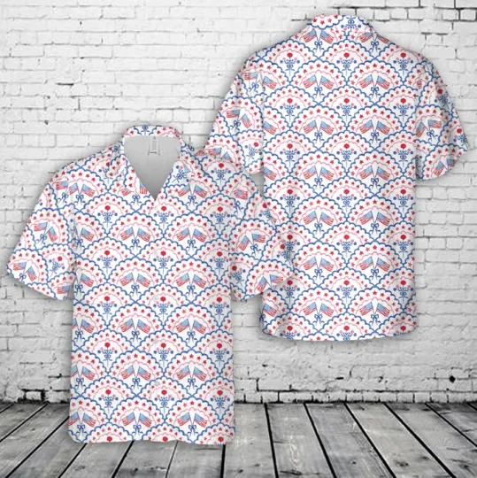 Red White and Blue Scalloped 4th of July Patriotic Hawaiian Shirt