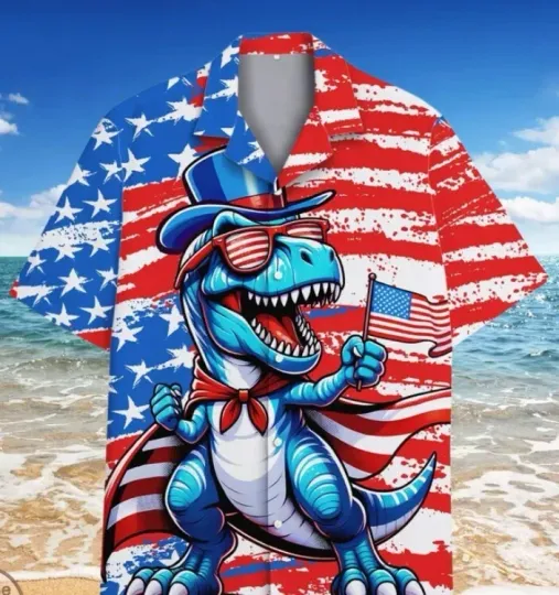 Discover Dinosaur US Flag Hawaiian Shirt, T-rex Dino 4th Of July Summer Shirt