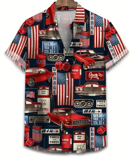 Discover Men's Patriotic 4th Of July Hawaiian Shirt Bold US Flag & Car Graphic Print 2XL