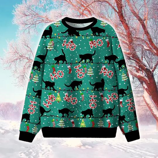 Discover Holiday Black Cat Crewneck Sweater 2025: Ugly Christmas Knit Style Apparel
