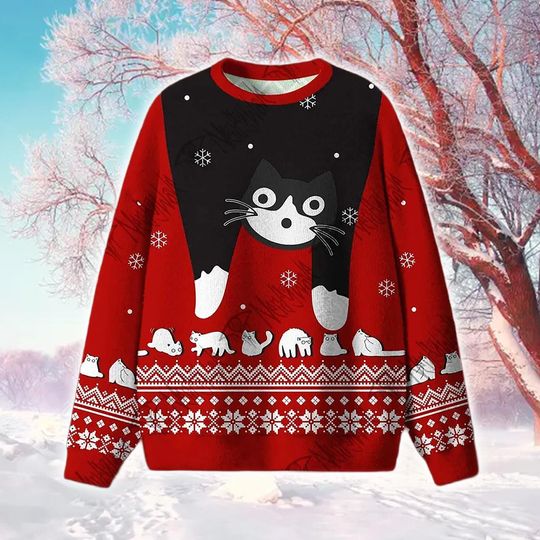 Discover Holiday Funny Cat Crewneck Sweater 2025: Ugly Christmas Knit Style Apparel