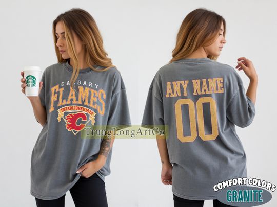 Discover Personalized Comfort Colors Calgary Flames T-Shirt | Comfort Colors T-Shirt for Hockey Fans | Custom Number | Retro Team Shirt