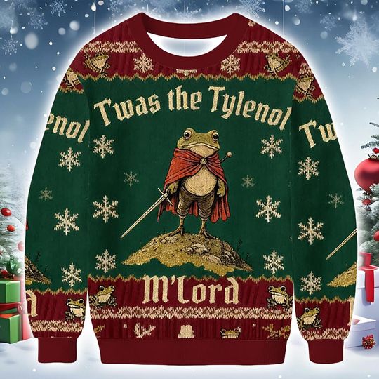 Discover Christmas Ugly Sweater 2025 Funny Medieval Frog Holiday Sweater for Adults Twas the Theme: Knit Graphic Winter Pullover Apparel