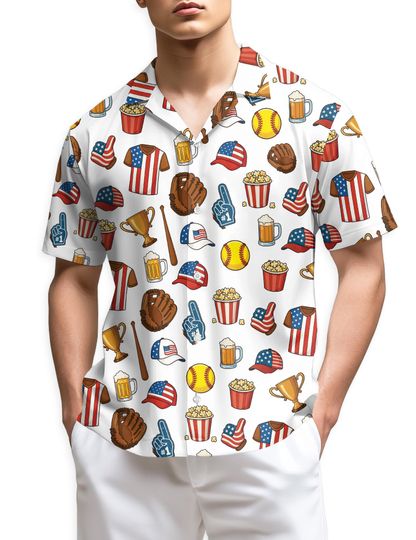 Discover Men's Hawaiian Baseball Shirt with American Flag, Summer Aloha Shirt for July 4th