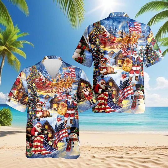 Discover Patriotic Santa Hawaiian Shirt for Men, American Flag Holiday Aloha, USA Christmas Party Shirt, Festive Winter Vacation Shirt