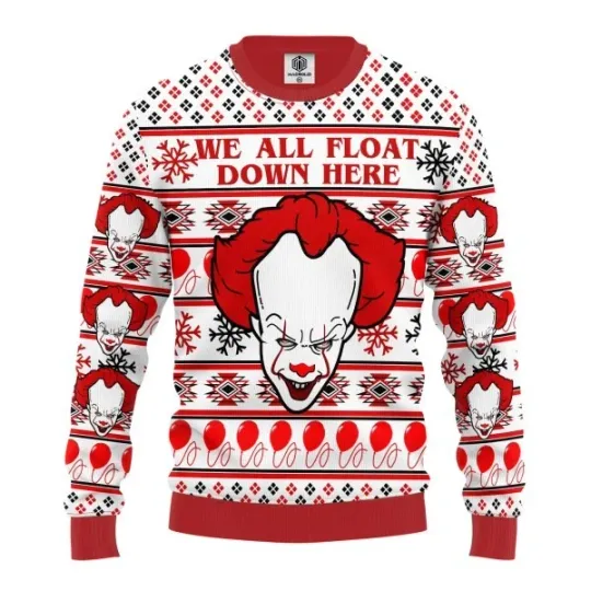 Pennywise IT We All Float Down Here Horror Movie Ugly Christmas Sweater