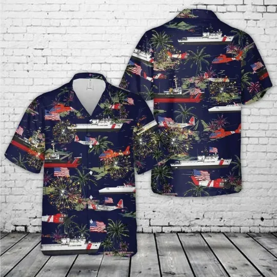 US Coast Guard 4th of July Hawaiian Shirt Men Short Sleeve