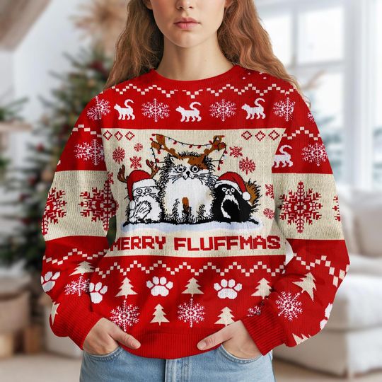 Discover Christmas Cat Ugly Sweater, Merry Fluffmas Cat Knit Sweater, Xmas Sweater, Holiday Gift for Cat Lovers