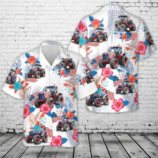 Discover American Flag Farm Tractors for 4th Of July Hawaiian Shirt