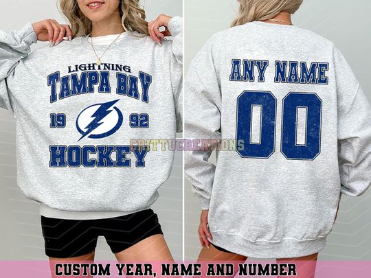 Discover Personalized Tampa Bay Hockey Sweatshirt, Tampa Bay Lightning crewneck, Tampa Bay Hockey shirt, Custom Hockey Shirt, Hockey Number Shirt