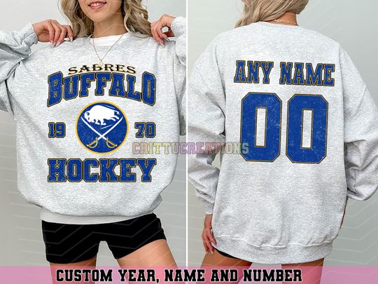 Discover Personalized Buffalo Hockey Sweatshirt, Buffalo Sabres crewneck, Buffalo Hockey shirt, Custom Hockey Shirt, Hockey Number Shirt