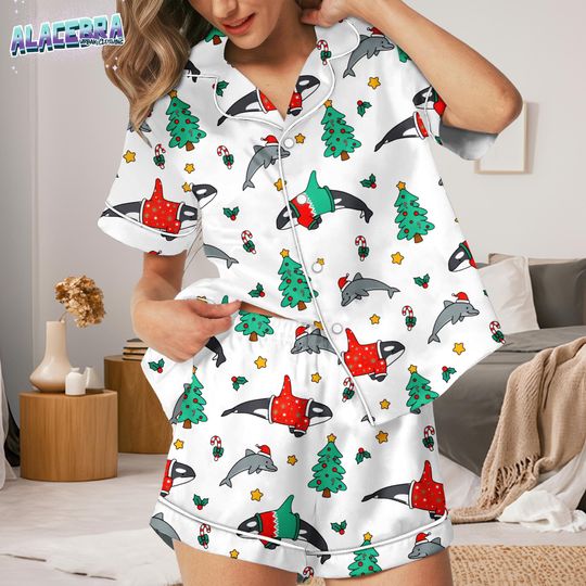 Discover Christmas Dolphin and Orca Pajamas Set, Cute Ocean Animal Holiday Sleepwear, Festive Matching PJs for Women, Funny Xmas Nightwear