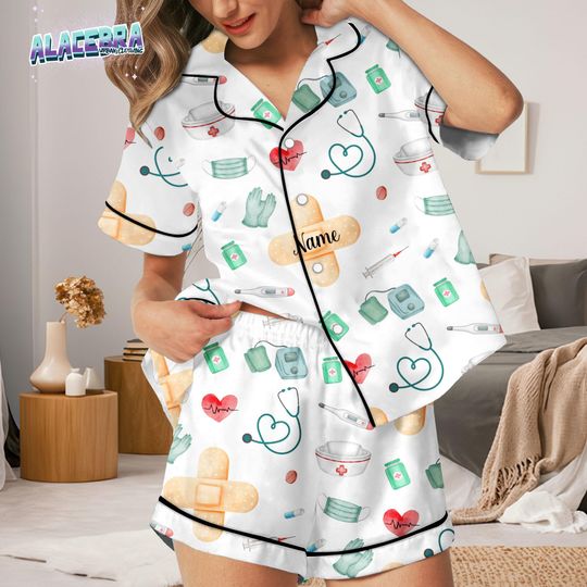 Discover Personalized Nurse Pajama Set, Medical Print PJs, Custom Name Sleepwear for Nurses, Doctor Pajamas Gift, Healthcare Lounge Set