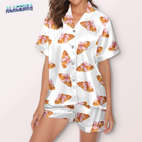 Discover Croissant Pajamas Set for Women, Cute Pastry Sleepwear Shorts Long Set, Pink Bow Food Loungewear, Cozy Breakfast Gift Idea