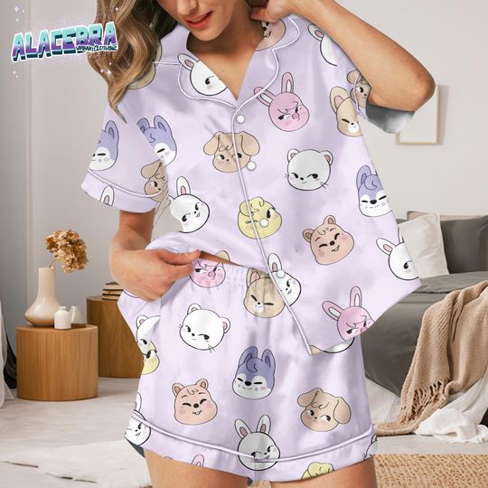 Discover Cute Animal Faces Pajamas Set, Kawaii Bunny Bear Dog Sleepwear, Womens Short Long Sleeve Pjs, Summer Loungewear, Cute Cartoon Pajamas