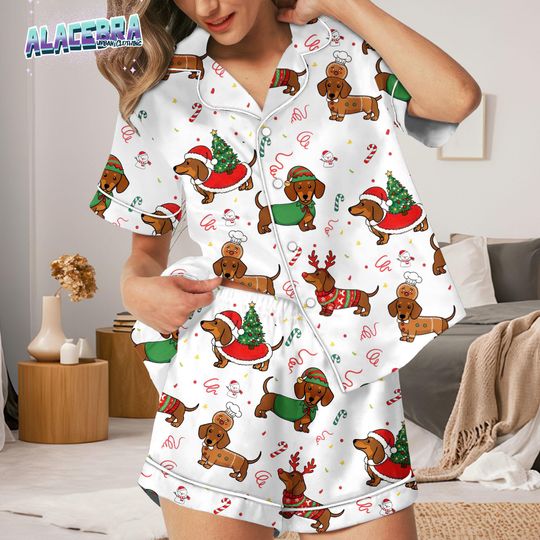 Dachshund Christmas Pajamas Set for Women, Cute Sausage Dog Holiday Pajamas, Festive Sleeve Sleepwear, Funny Wiener Dog Gift