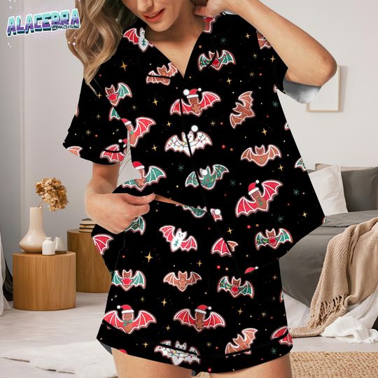 Discover Christmas Gingerbread Bat Pajamas Set, Gingerbread House Christmas Pajama Set, Cute Candy Sleepwear Gift, Festive Loungewear