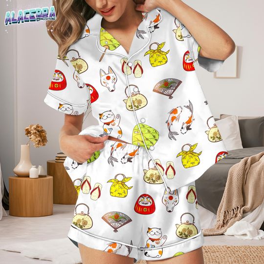 Discover Japanese Style Pajamas Set for Women, Lucky Cat & Koi Fish Sleepwear Shorts Set, Asian Cozy Loungewear Gift