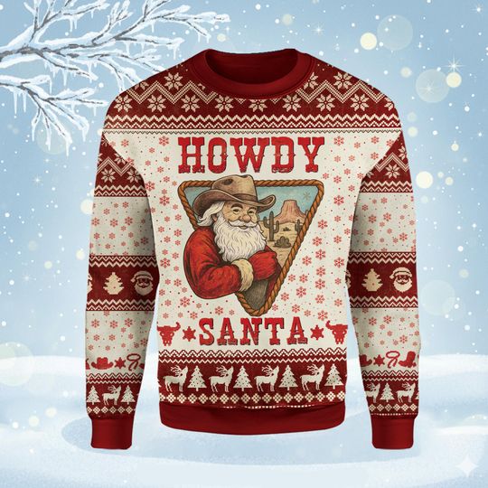 Discover Howdy Santa Cowboy Christmas Sweatshirt, Western Country Holiday Style Shirt, Fake Ugly Sweater, Festive Xmas Gift for Men Women