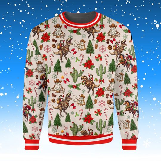 Discover Cowboy Riding Dinosaur Christmas Sweatshirt, Western Rodeo Holiday Fake Ugly Sweater, Funny Xmas Outfit for Men Women