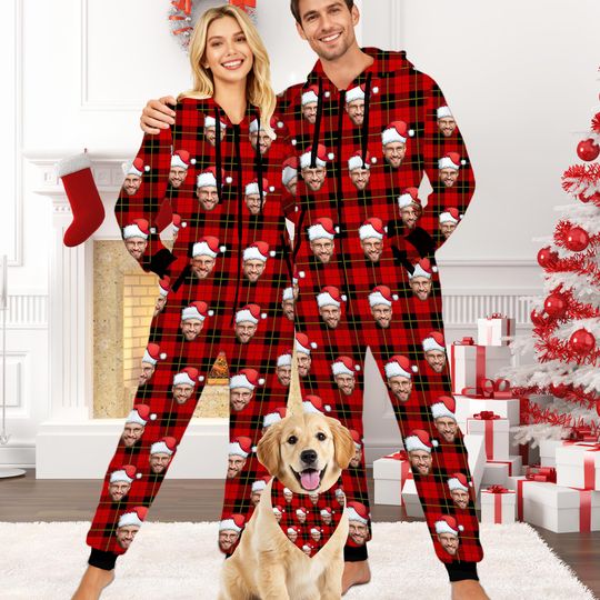 Custom Christmas Face Photo Onesie:Personalized Adult Pajamas with Plaid & Holiday Backdrops