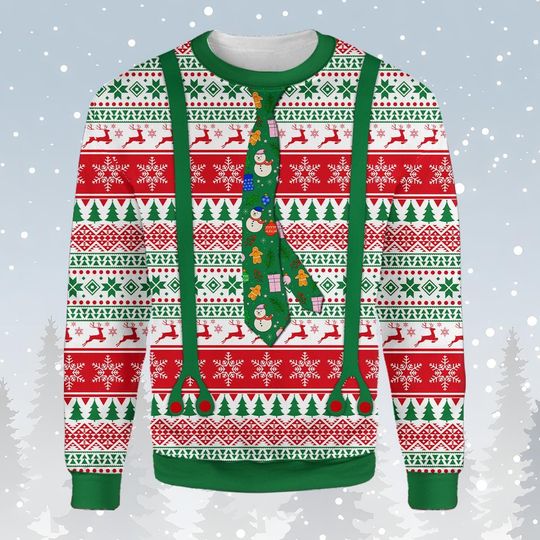Discover Funny Suspenders Christmas Sweatshirt for Men Women, Fake Ugly Xmas Sweater with Tie, Festive Holiday Pullover, Party Outfit Gift