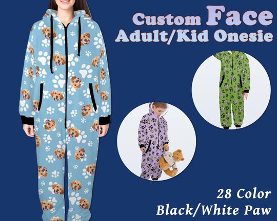 Custom Face Onesie Pajamas Personalized Photo One-piece Zipper Pajamas Customize Pet Face Hooded Onesie Pajamas Paw Print Pajamas With Face