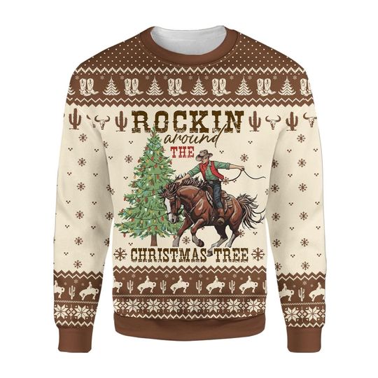 Discover Cowboy Christmas Sweatshirt, Western Holiday Rodeo Shirt, Country Style Gift Shirt, Fake Ugly Sweater Xmas Gift for Men Women