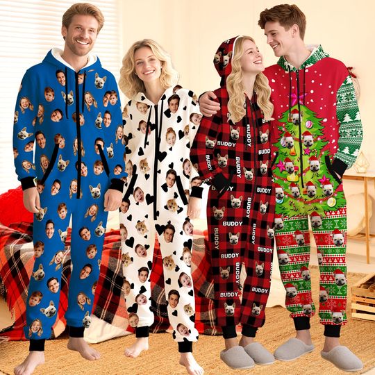 Custom Christmas Hooded Pajamas: Family Photo Zipper Flannel Jumpsuit