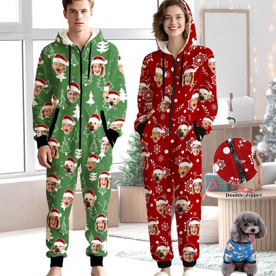 Personalized Christmas Flannel Pajamas: Custom Face Zipper One-Piece Pajama for Family