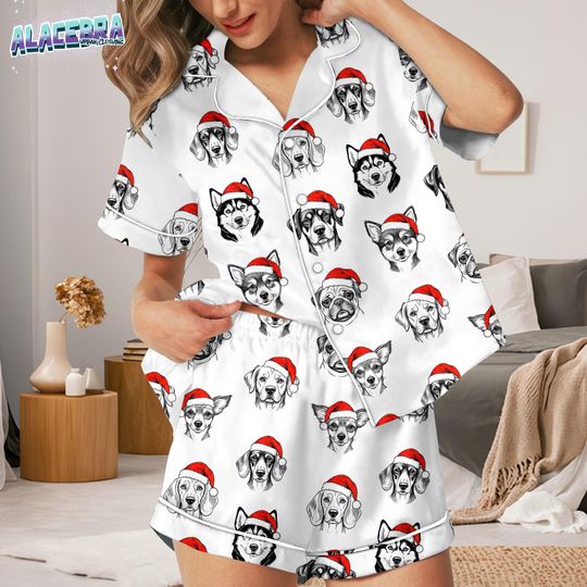 Discover Christmas Dog Pajamas Set For Women, Cute Puppy Holiday Sleepwear, Funny Santa Hat Dog Shorts and Long Pajamas Set, Dog Lover Pajamas Set