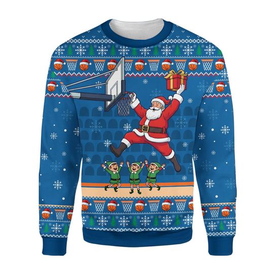 Discover Funny Santa Basketball Christmas Fake Ugly Sweater, Dunking Santa Ugly Xmas Sweatshirt, Blue Holiday Pullover, Sports Lover Festive Gift